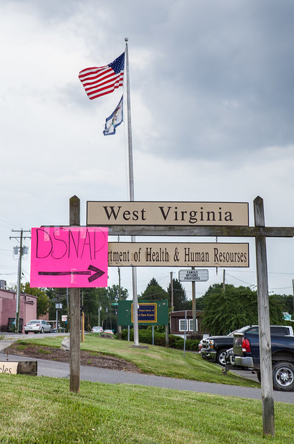 A temporary USDA D-SNAP sign is seen at the West Virginia Department of Health and Human Resources building.