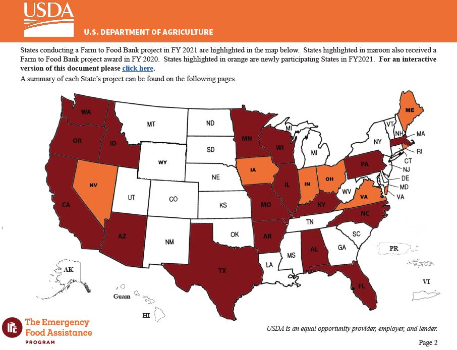 screenshot image showing map of fy21 farm to food bank project awards