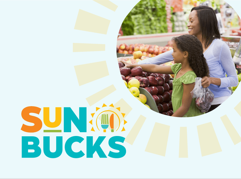 SUN Bucks logo on a light blue background with an image of a mother and daughter shopping in the produce aisle in the upper right hand corner