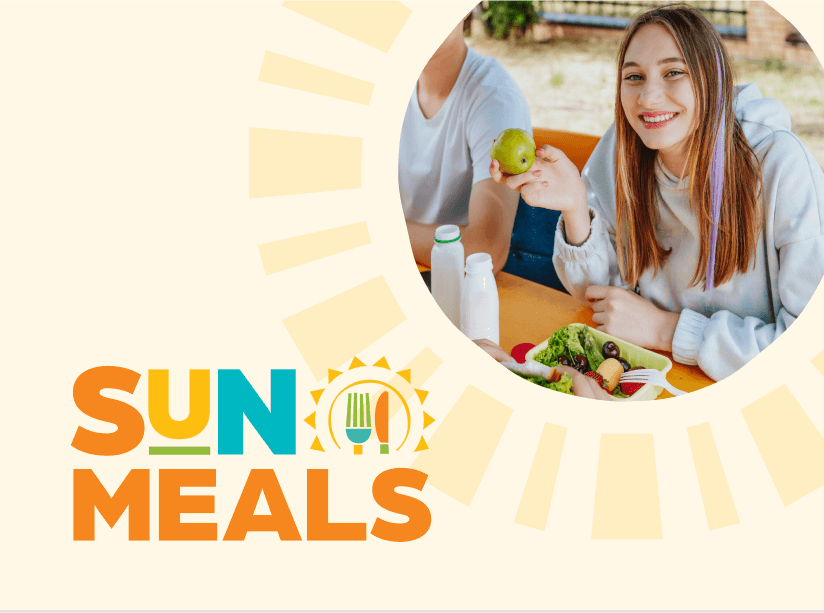 SUN Meals logo on a light orange background with an image of a girl eating an apple in the upper right hand corner