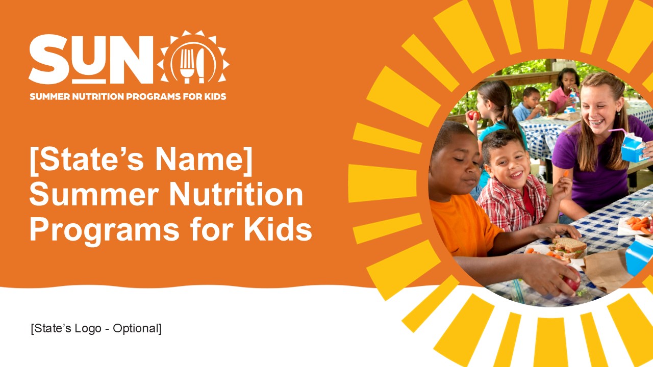 screenshot of first slide of sample presentation for the SUN Programs. Image has orange background with image of kids eating outside surrounded by sunbeam graphic.