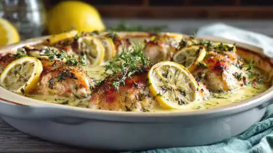 plate with baked chicken and lemon slices