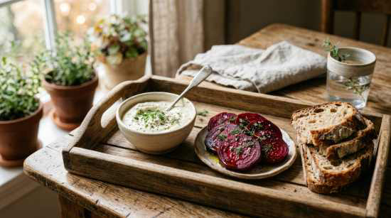 tray with a plate of baked beets on it, sliced bread, and a small bowl of horseradish sauce