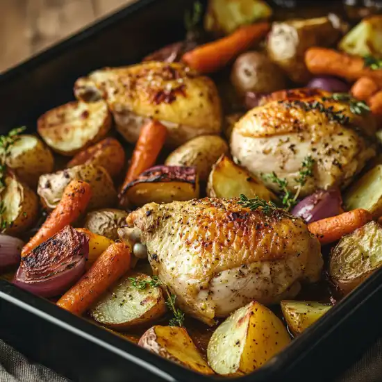 a sheet pan of baked chicken with vegetables