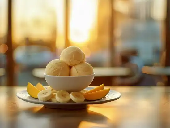 bowl of ice cream with banana and mango on the side