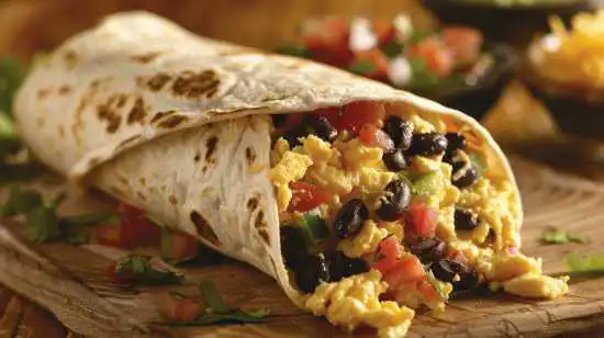 side view of a breakfast burrito with eggs spiling out