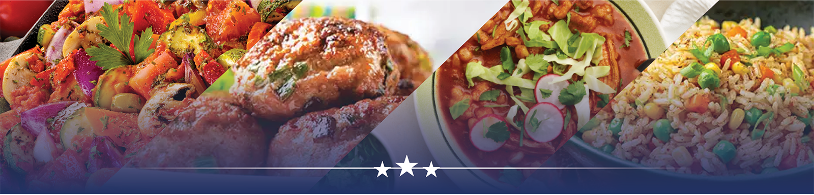 four prepared recipes in a collage with a line of 3 white starts