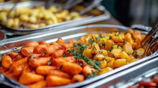 dish with carrots and squash and a serving spoon