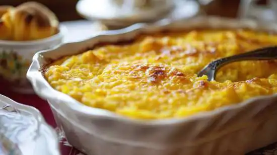 baking dish of corn pudding with a serving spoon in it