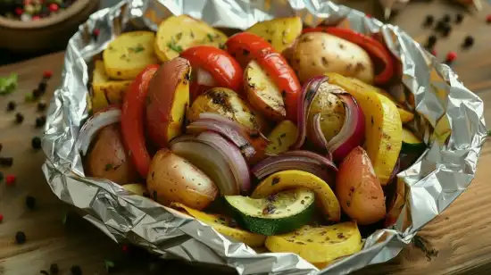 a foil packet with vegetables on the grill