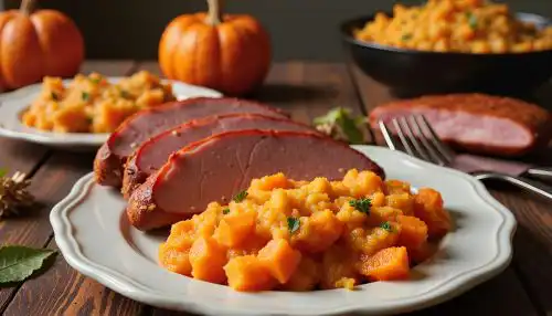 a white plate with ham and sweet potatoes
