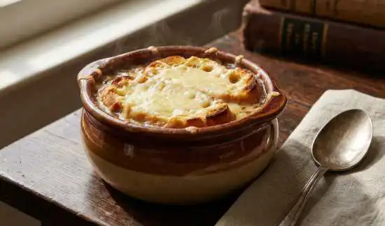 crock of onion soup with a spoon next to it and books in the background