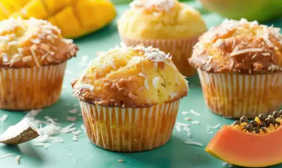 muffins with papaya, mango, and coconut on the side