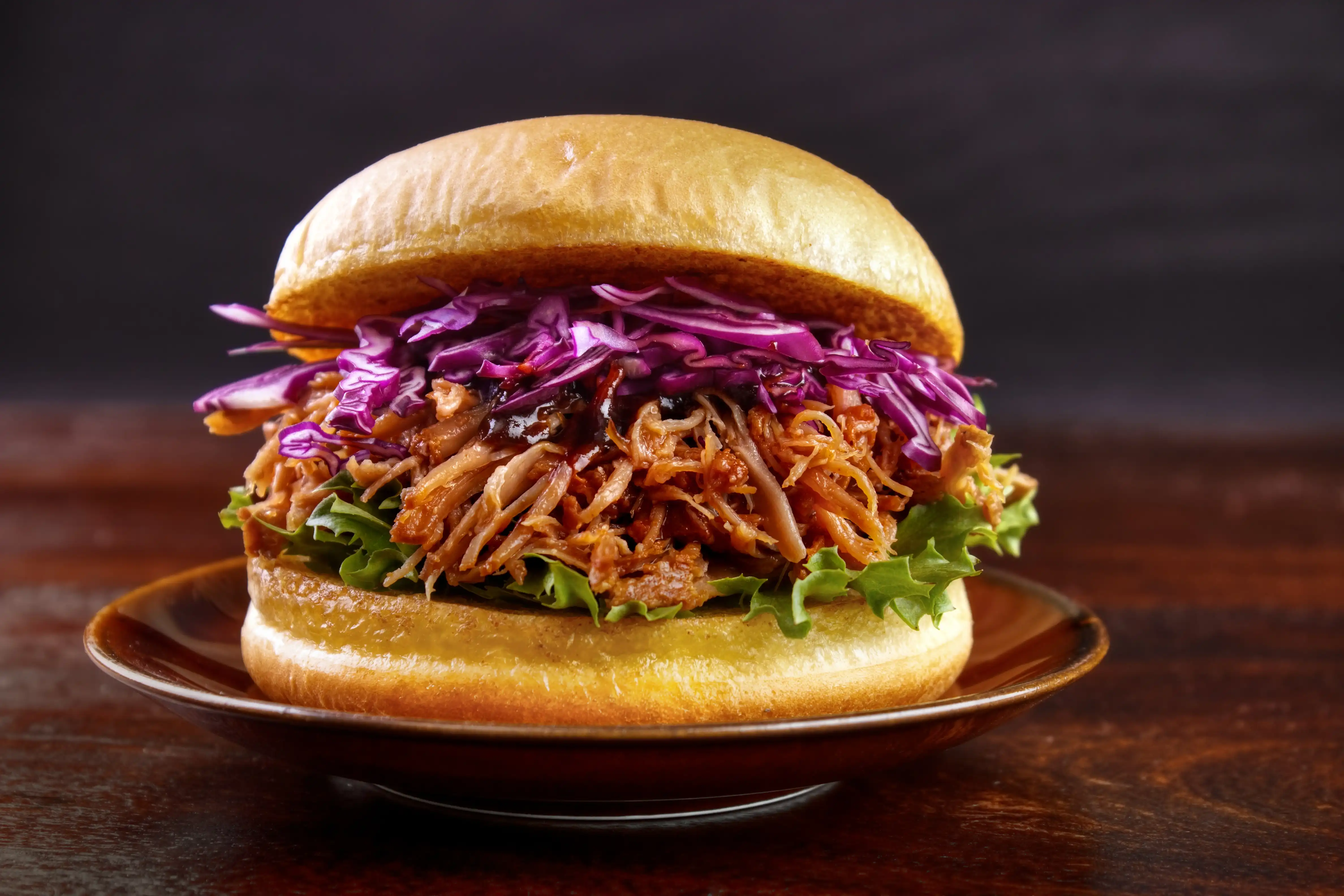 a plate with a pulled pork sandwich on it