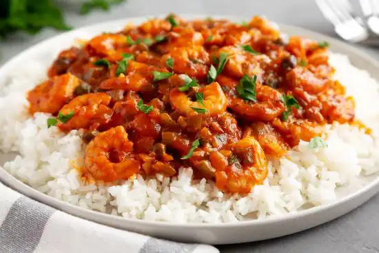 bowl of shrimp creole on white rice