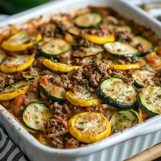 baking dish of squash and meat casserole