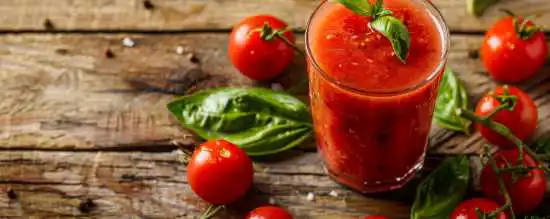 glass of tomato juice with whole cherry tomatoes on the side