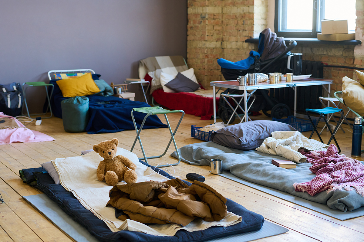 image of emergency shelter beds and cots set up