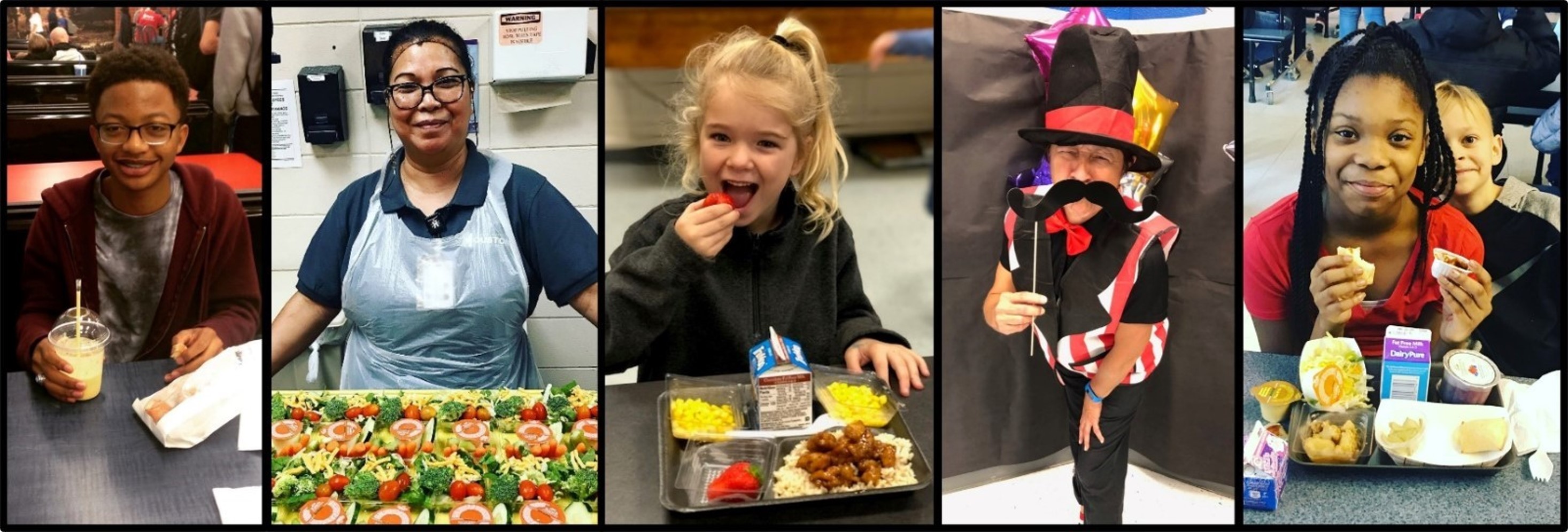 collage of students eating school meals and school nutrition staff preparing meals