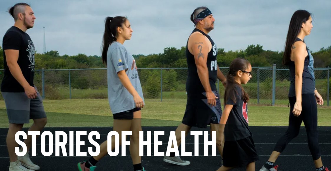 stories of health with people walking on a track