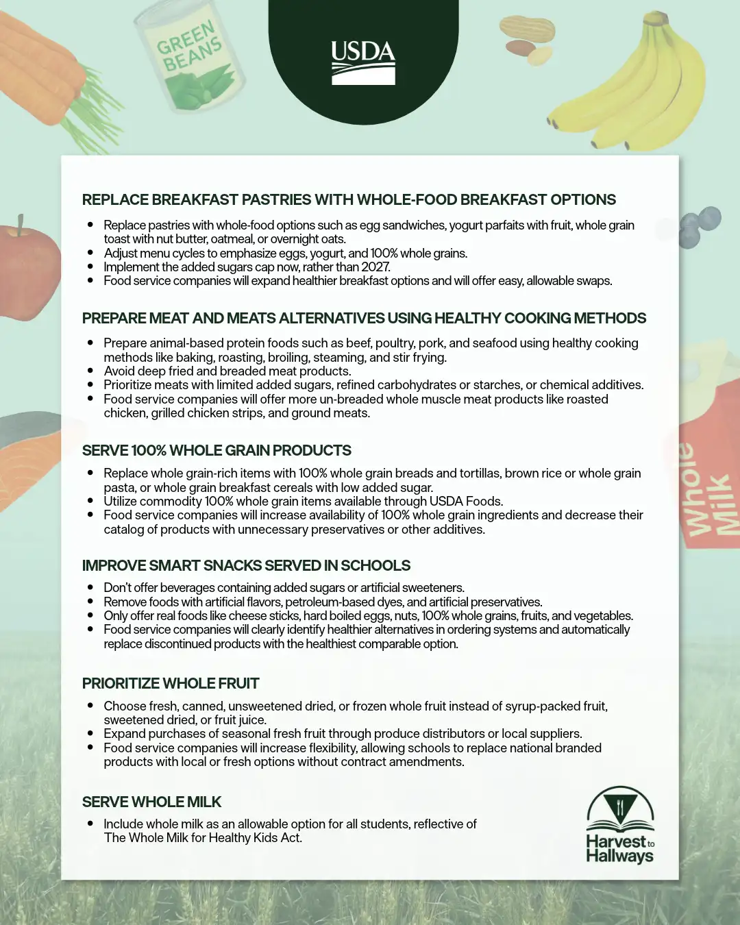 healthier school meals pledge on light green background with real food border