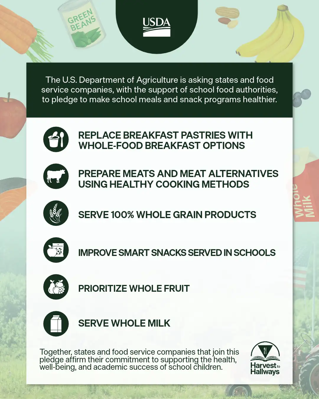 pledge for healthier school meals with real food in background