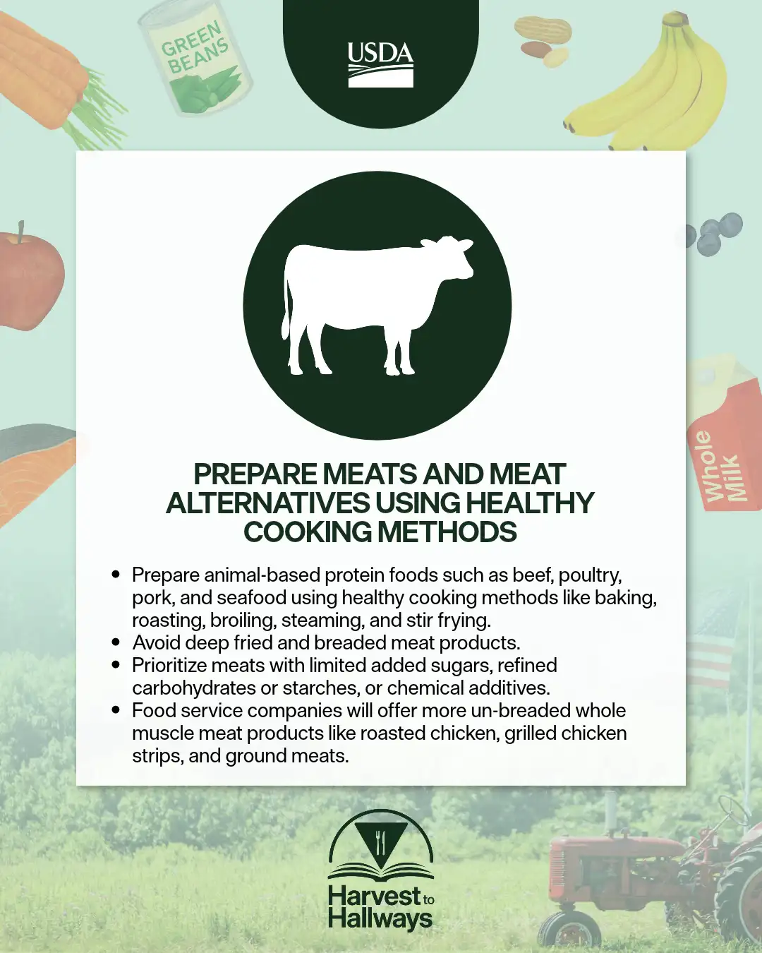 meat pledge with cow on light green background and real food border