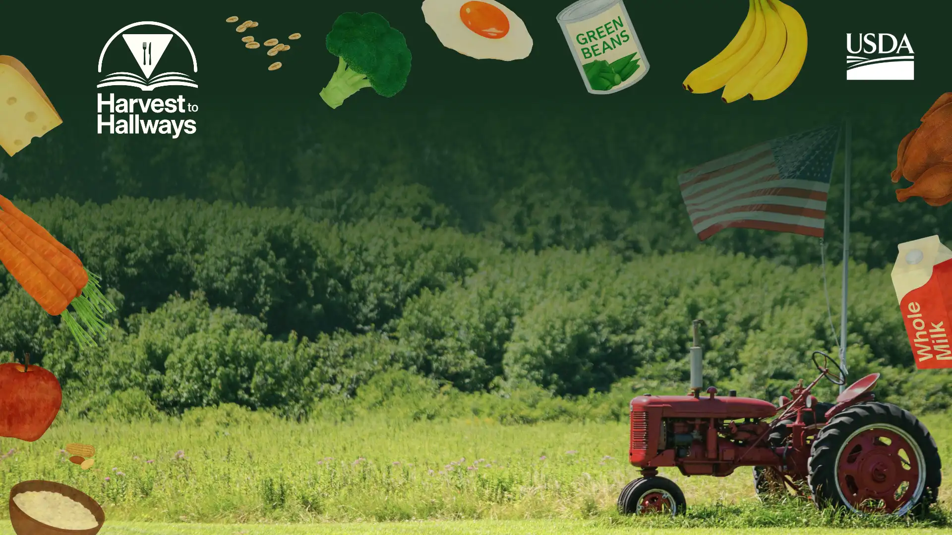 real food in a border around a tractor and harvest to hallways