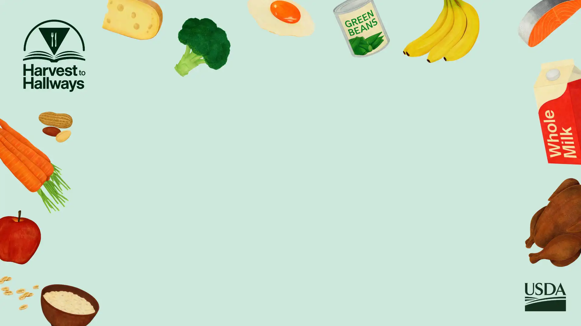 real food border with words harvest to hallways and a light green background