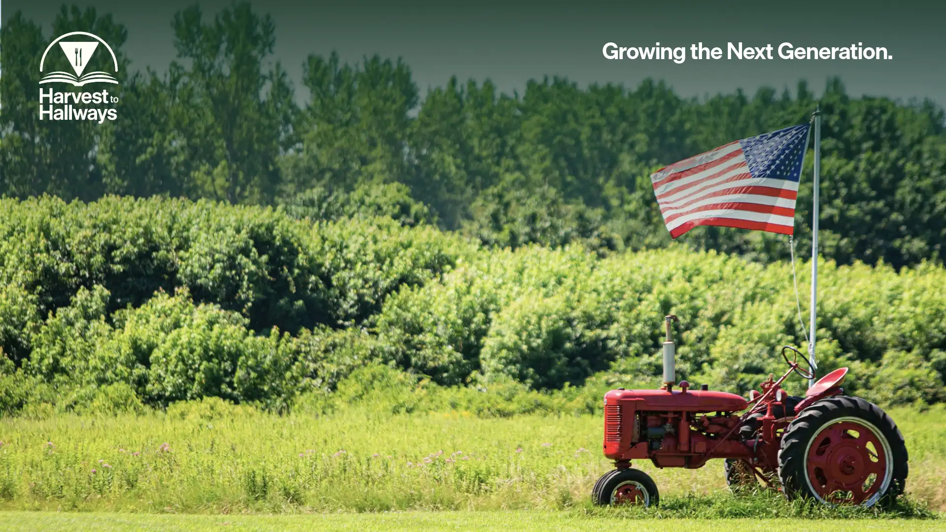 harvest to hallways and a tractor with the American flag in a field