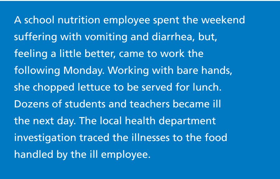 A school nutrition employee spent the weekend  suffering with vomiting and diarrhea, but,  feeling a little better, came to work the  following Monday. Working with bare hands,  she chopped lettuce to be served for lunch.  Dozens of students and teachers became ill  the next day. The local health department  investigation traced the illnesses to the food  handled by the ill employee. 