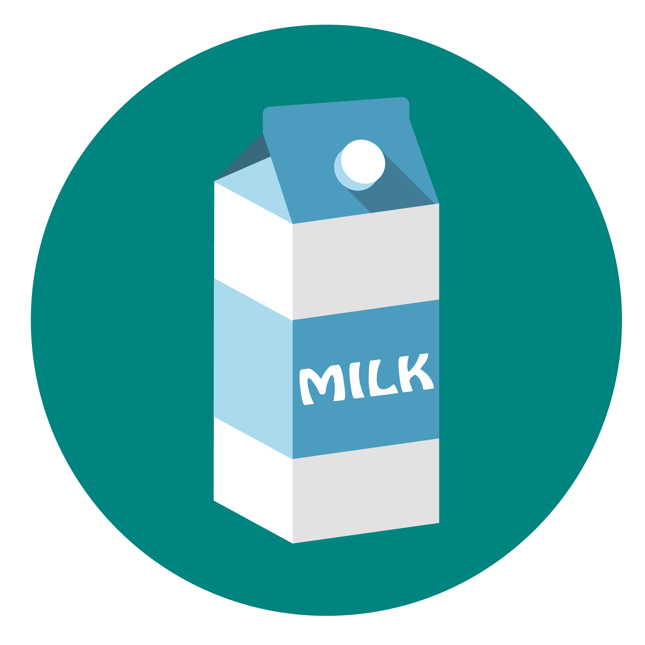 an animated milk carton on a teal circle background