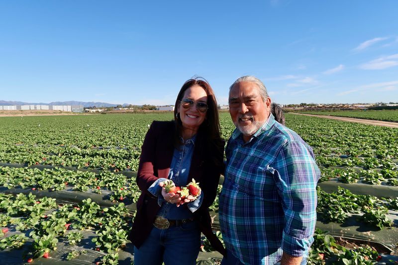 Secretary Rollins and former California Ag Secretary A.G. Kawamura at his strawberry farm in Irvine, CA.