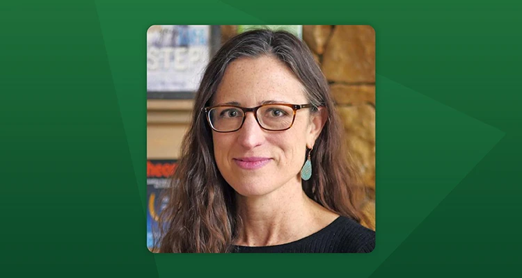 headshot of Jennifer on a green background