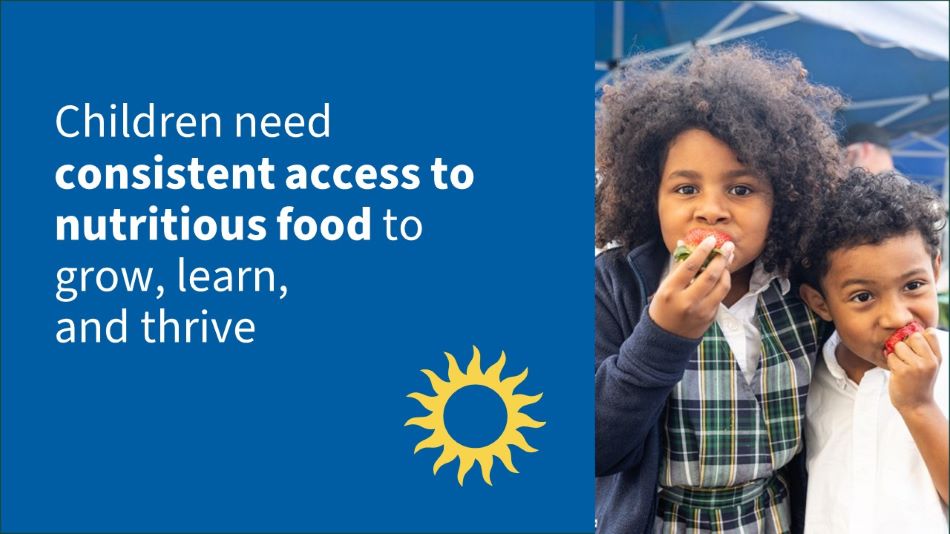 children need access to nutritious food to grow, learn, and thrive with two kids eating strawberries