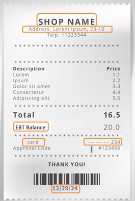 image of a snap receipt with required elements highlighted 