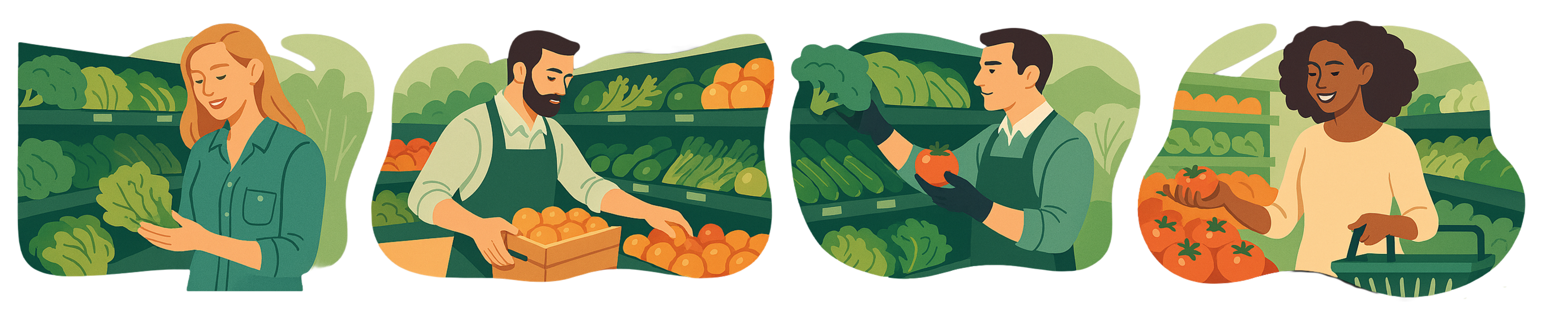 illustrated women shopping for produce and men stocking grocery store shelves - ai generated