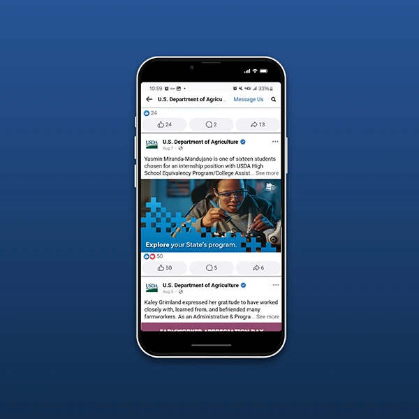 cell phone with More than a Job page displayed on a blue square background