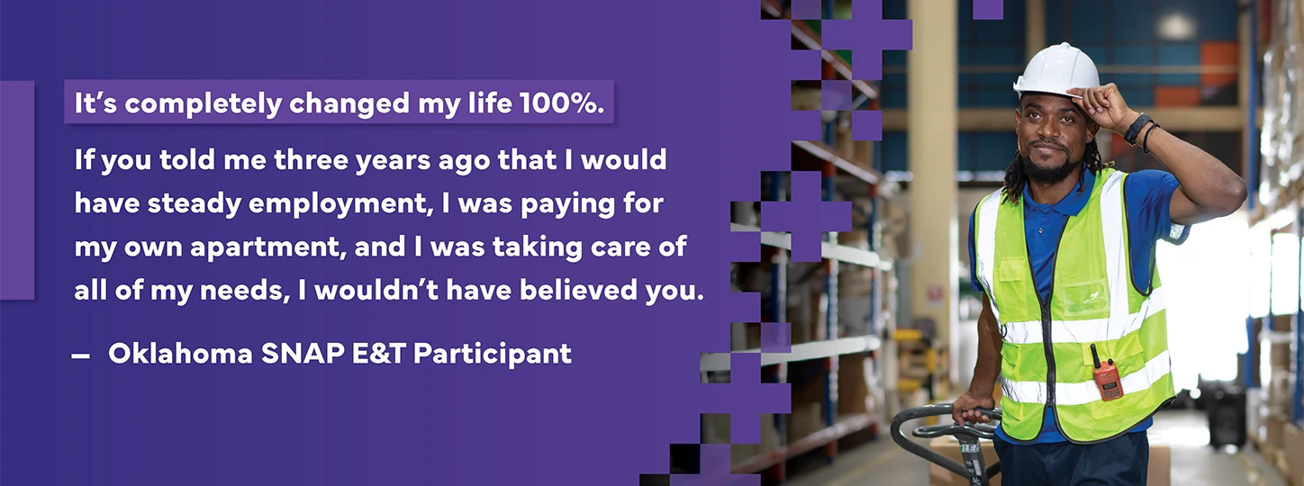 a warehouse employee with a text quote next to him explaining how the program changed his life