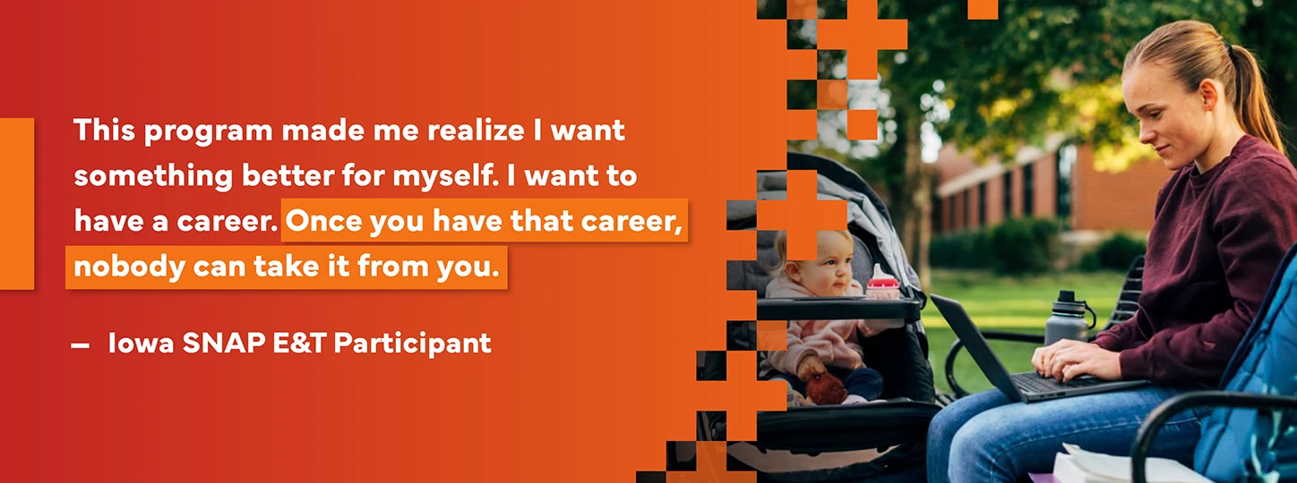 woman typing on a laptop sitting on a park bench with a baby in a stroller and a quote about her E&T experience