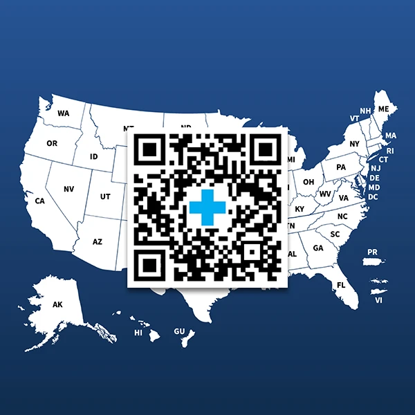 map with a qr code on top of it and a square blue background