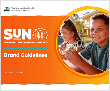 Screenshot of brand guidelines cover with bright orange background and children eating lunch