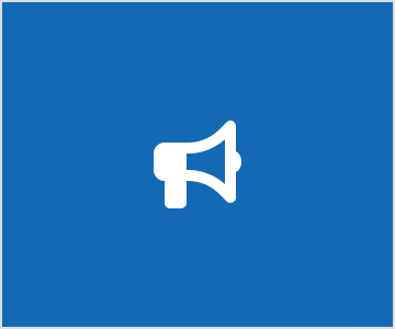 white megaphone icon on a blue square background