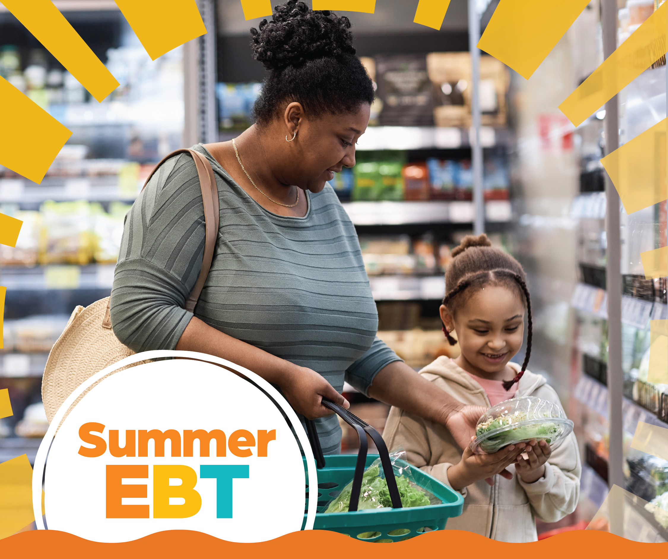 woman and daughter shopping with summer EBT logo in bottom left of image