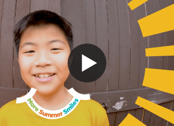 asian boy smiling with sun beam graphic and illustrated smile with words on mouth "More Summer Smiles"