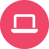 a white computer icon on a pink circle background