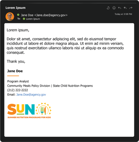 screenshot of an example email template using the SUN logo in the signature