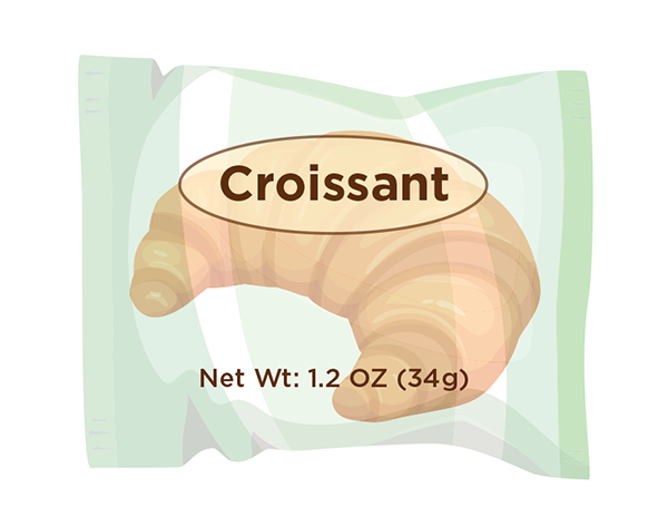 illustration of a croissant in a package that weighs 1.2 oz (34g)