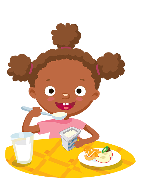 illustration of young girl feeding herself yogurt