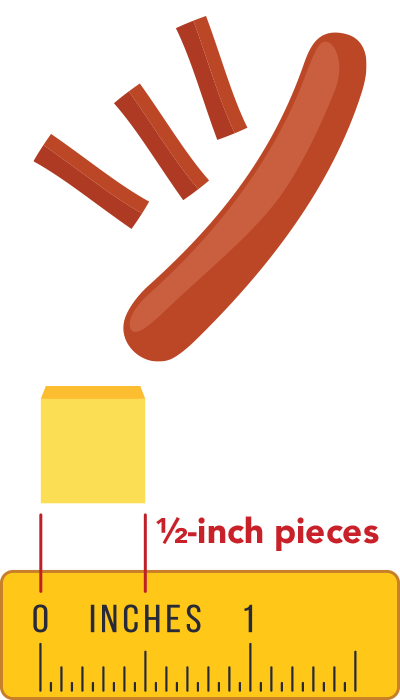 a ruler showing a 1/2 inch cube of cheese and a hot dog